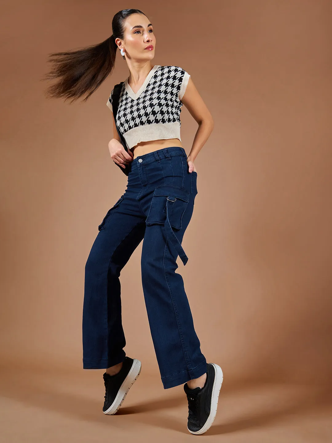 24/7 Comfort Women's Navy Blue Bell Bottom Bootcut Hourglass High Rise Stretchable Timeless Denim Jeans