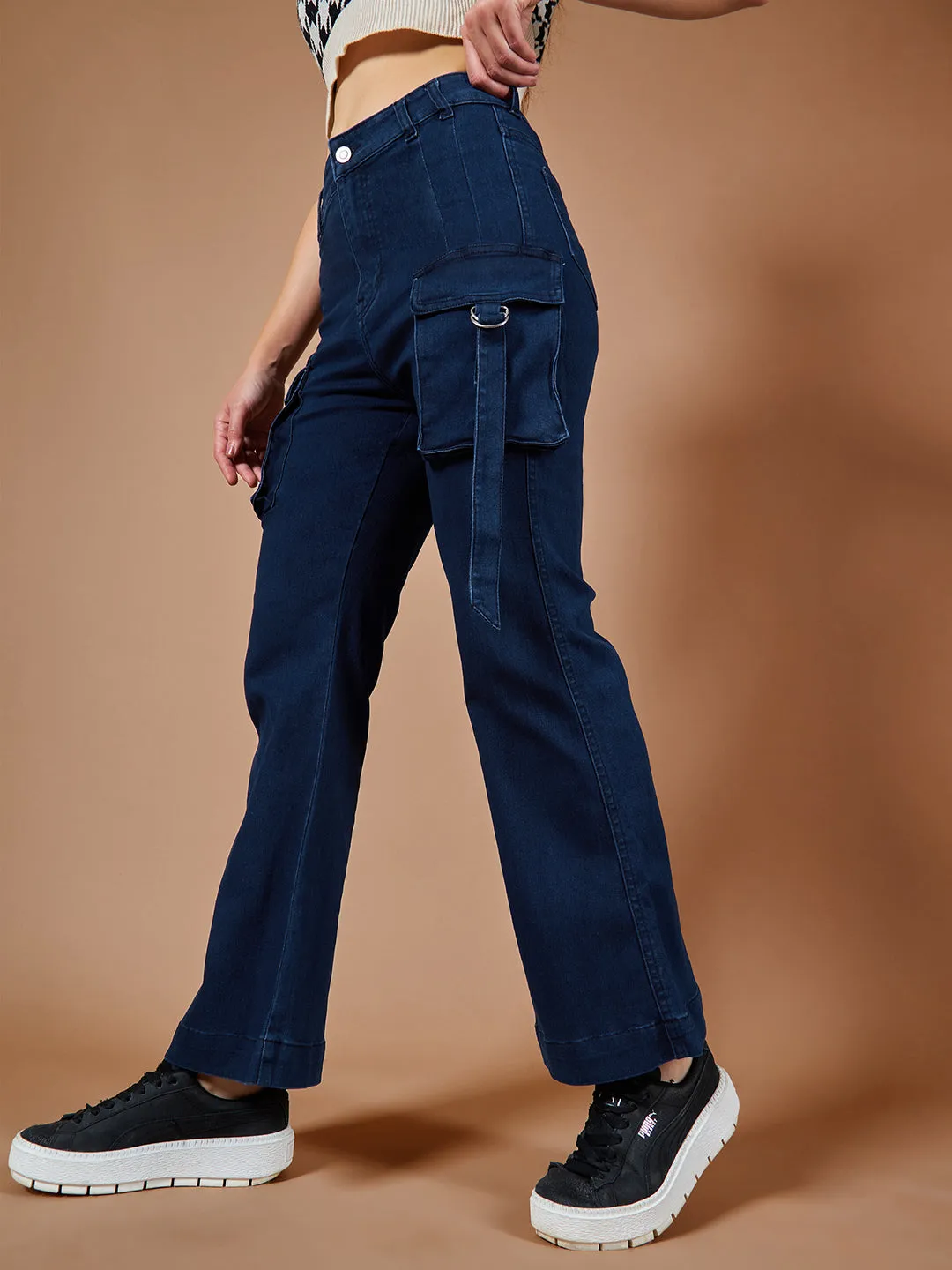 24/7 Comfort Women's Navy Blue Bell Bottom Bootcut Hourglass High Rise Stretchable Timeless Denim Jeans