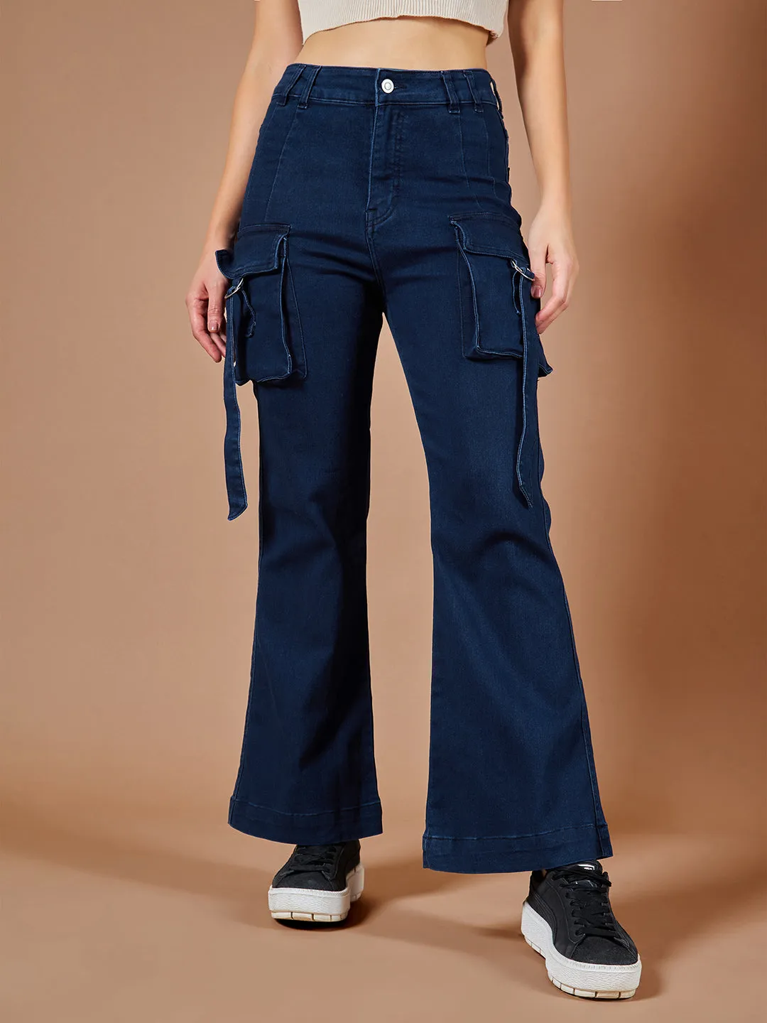 24/7 Comfort Women's Navy Blue Bell Bottom Bootcut Hourglass High Rise Stretchable Timeless Denim Jeans