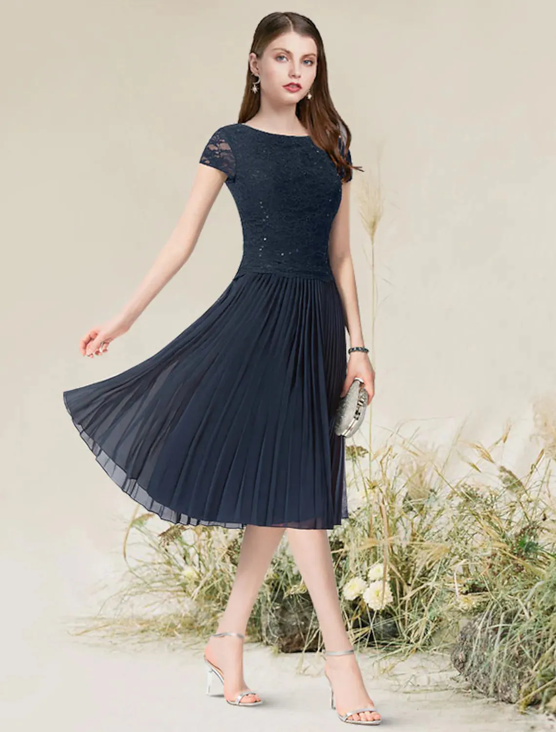 A-Line Cocktail Dresses Flirty Dress Homecoming Tea Length Short Sleeve Jewel Neck Chiffon with Pleats