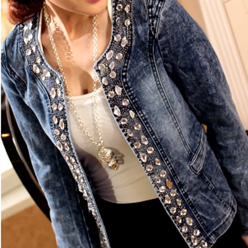 Autumn Elastic Denim Rhinestone Sequined Retro Short Jacket Denim Jacket