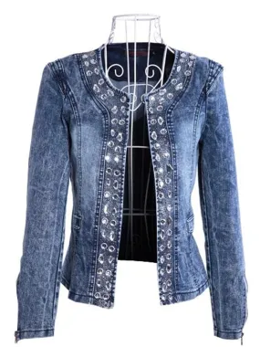 Autumn Elastic Denim Rhinestone Sequined Retro Short Jacket Denim Jacket