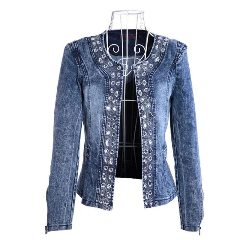 Autumn Elastic Denim Rhinestone Sequined Retro Short Jacket Denim Jacket