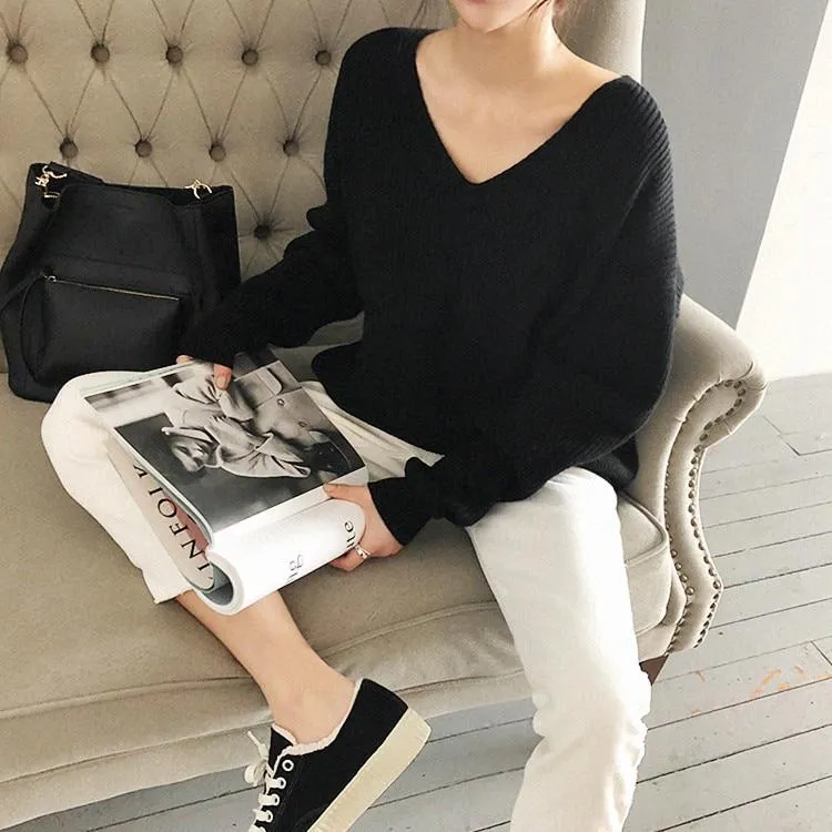 Autumn Winter Women's Sweaters V-Neck Minimalist Tops Fashionable Irregular Hem Knitting