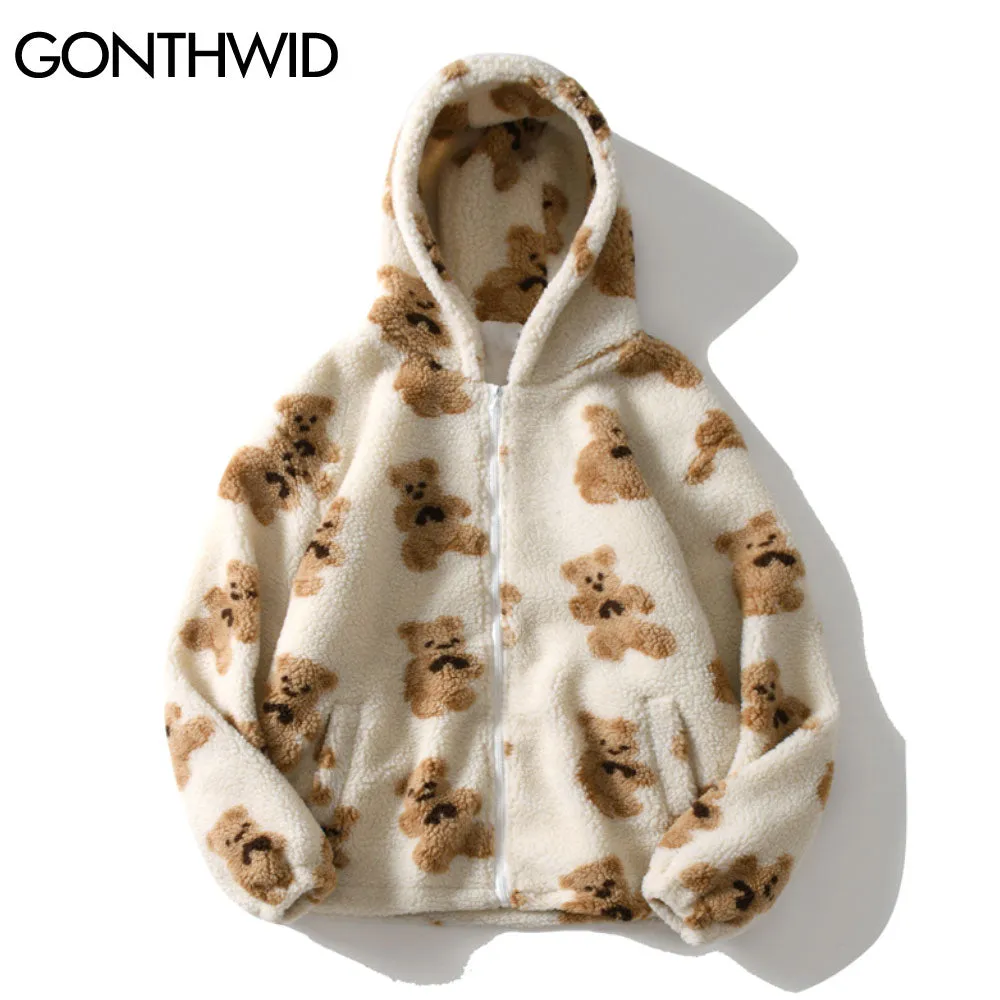 Bear Print Fleece Hooded Casual Jackets