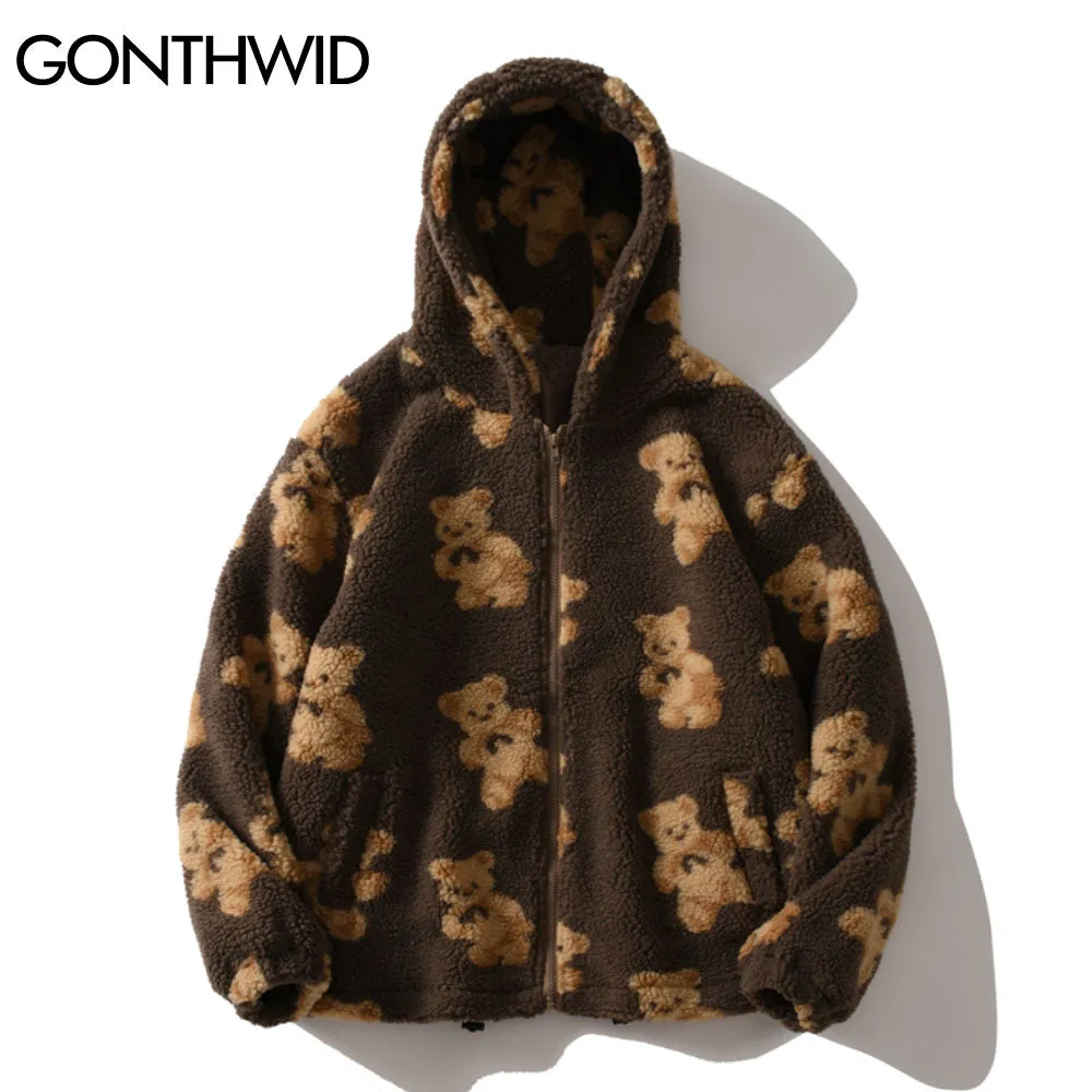 Bear Print Fleece Hooded Casual Jackets