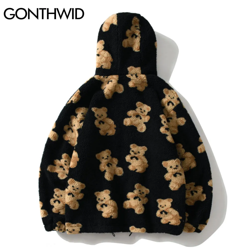 Bear Print Fleece Hooded Casual Jackets