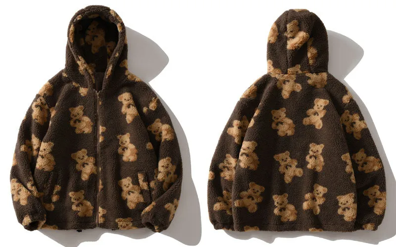 Bear Print Fleece Hooded Casual Jackets