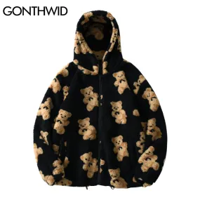 Bear Print Fleece Hooded Casual Jackets