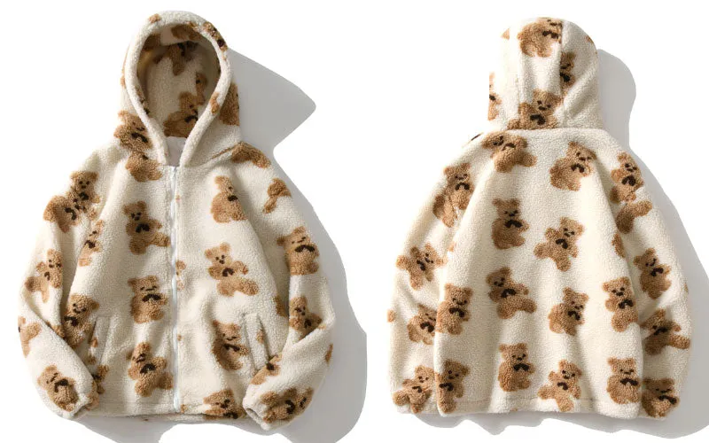 Bear Print Fleece Hooded Casual Jackets