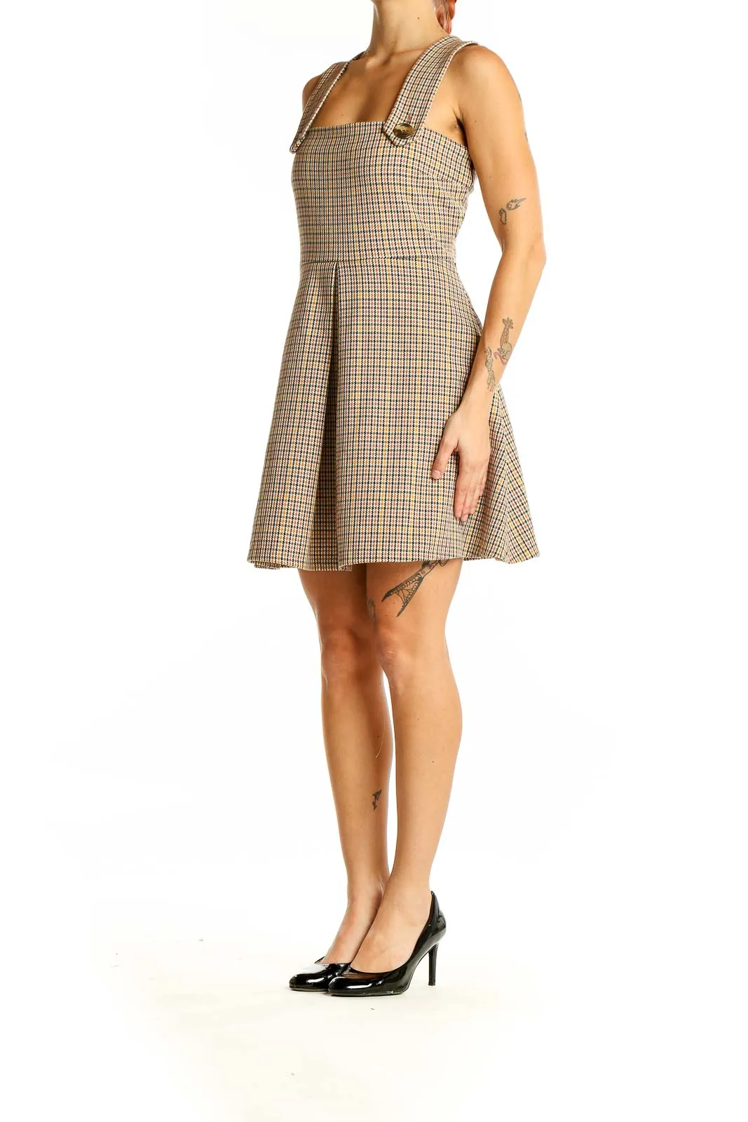 Beige Plaid Sleeveless Mini Dress