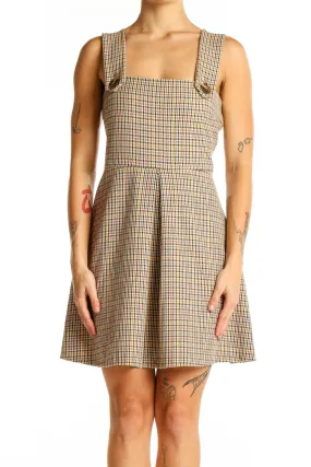 Beige Plaid Sleeveless Mini Dress