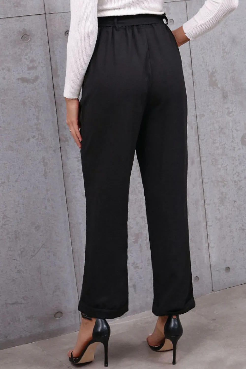 Belted Black Paperbag Waist Pants