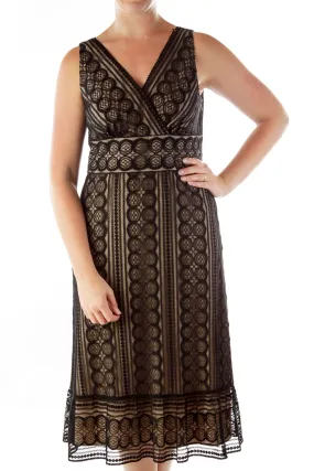 Black Beige Lace V-neck Dress