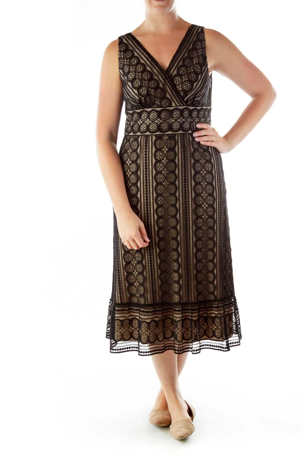 Black Beige Lace V-neck Dress