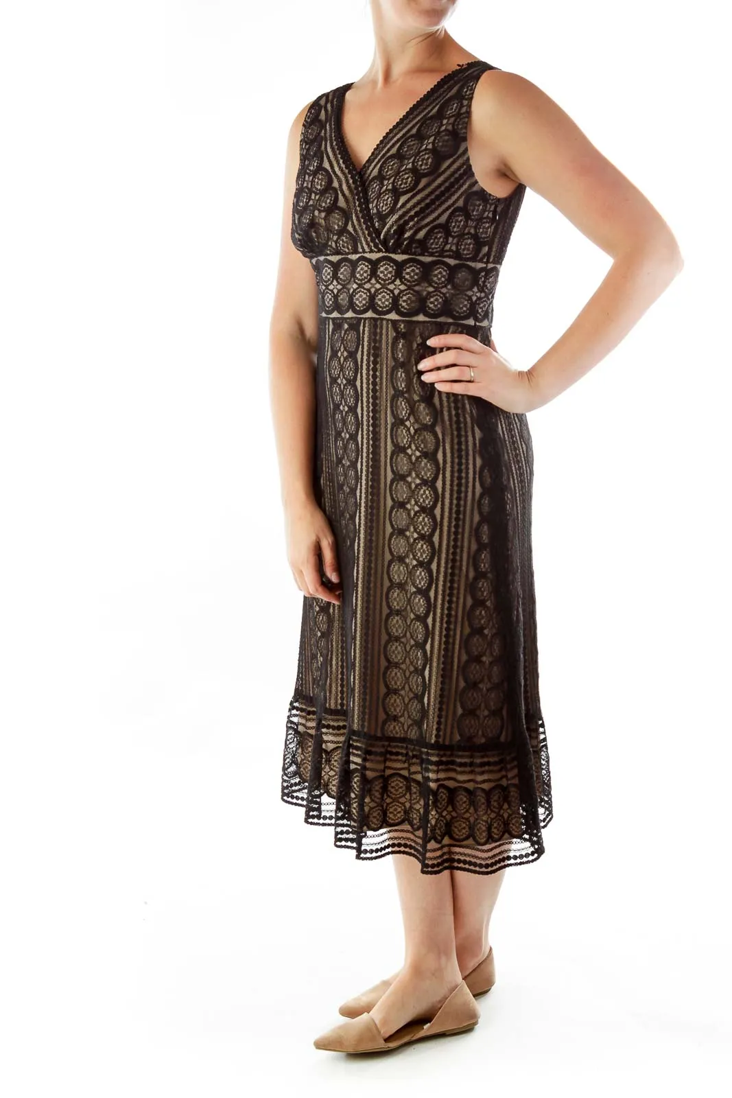 Black Beige Lace V-neck Dress