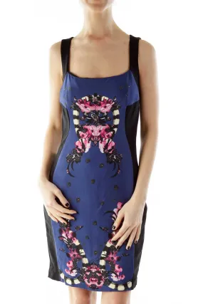 Black Blue Pink Flower Square Neck Cocktail Dress