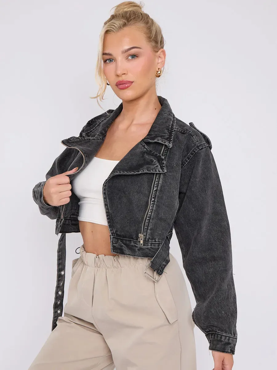 Black Cropped Zip Up Biker Denim Jacket