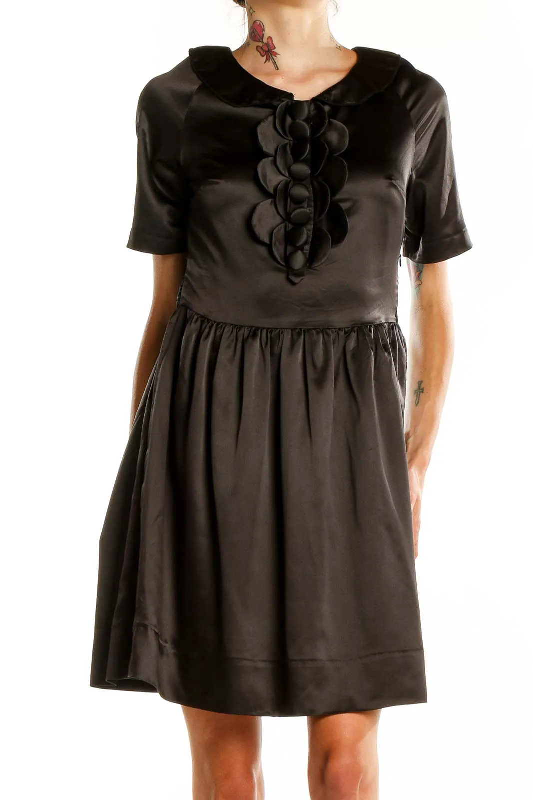 Black Satin Ruffle-Front Dress