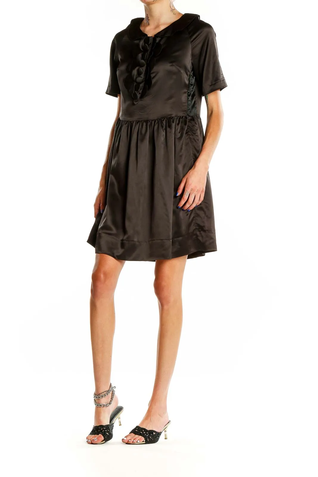 Black Satin Ruffle-Front Dress