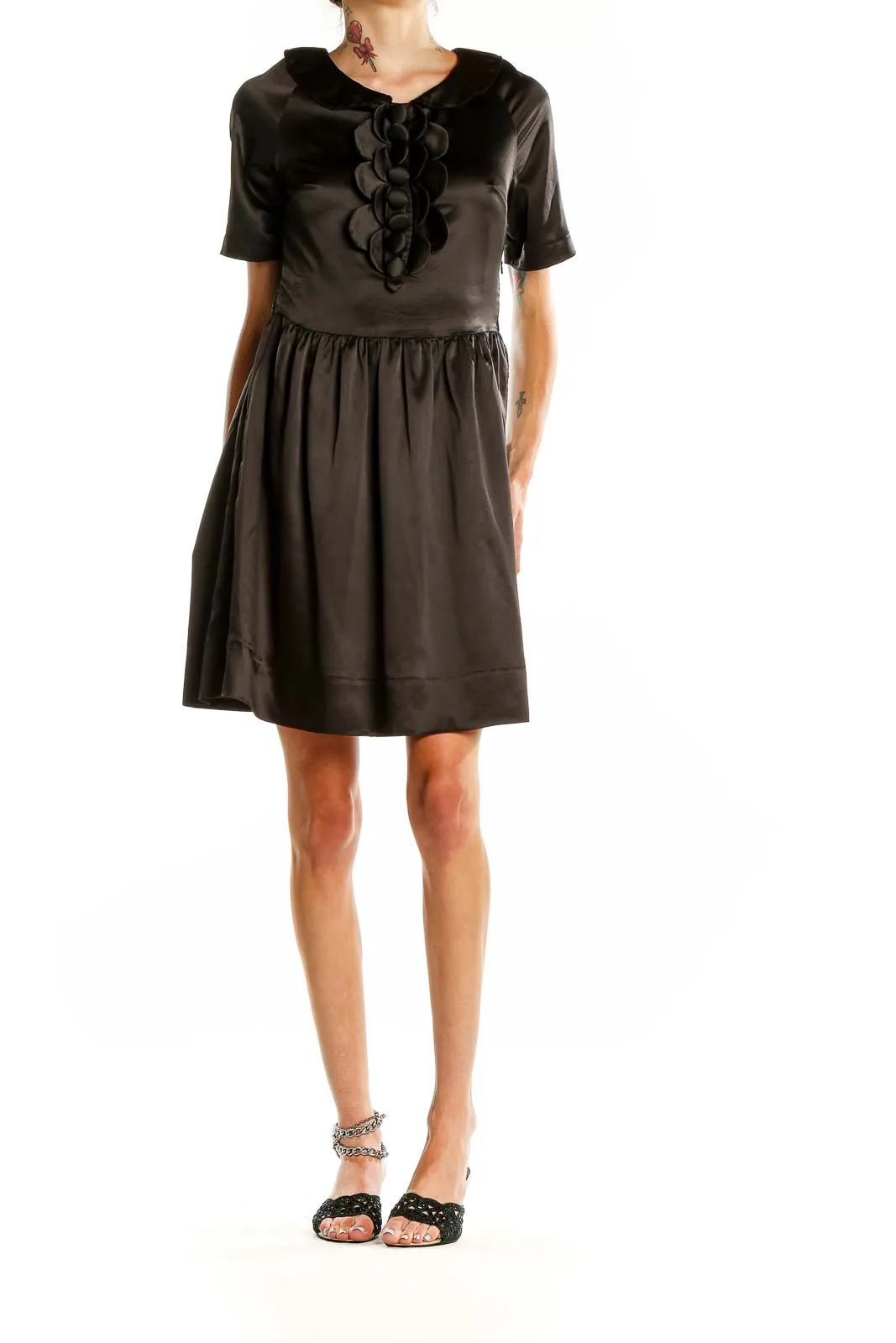 Black Satin Ruffle-Front Dress