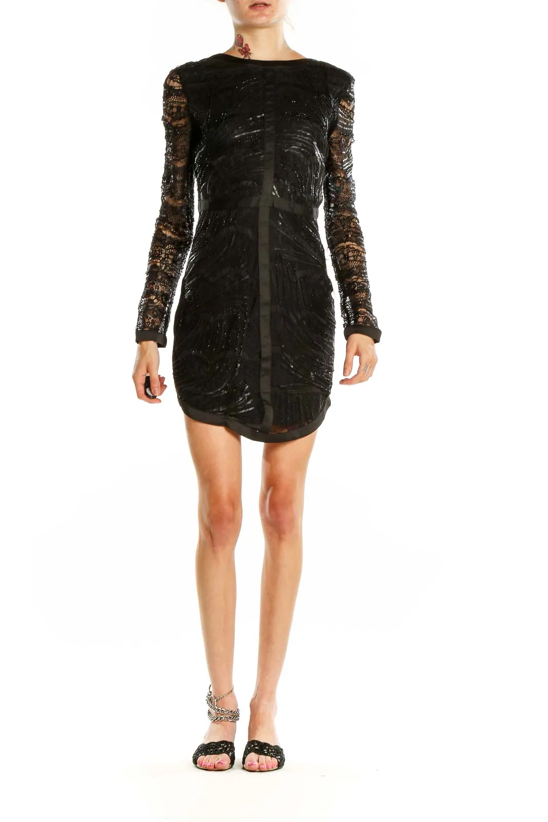 Black Sequin Lace Long Sleeve Mini Dress