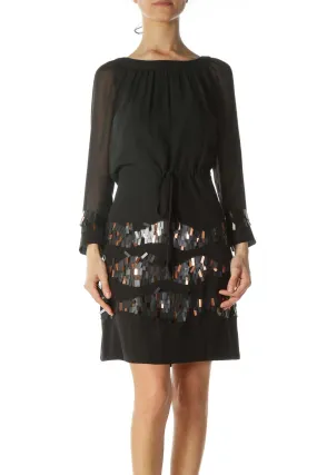 Black Sequined-Accents Drawstring-Waist Dress