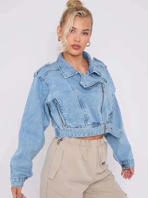 Blue Cropped Zip Up Biker Denim Jacket