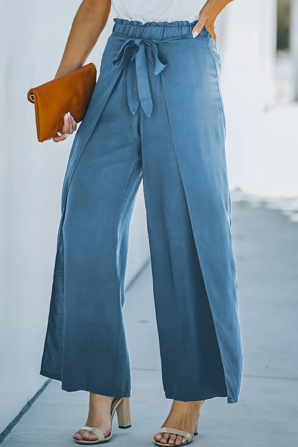 Blue Tie Waist Wide Leg Pants for Ladies