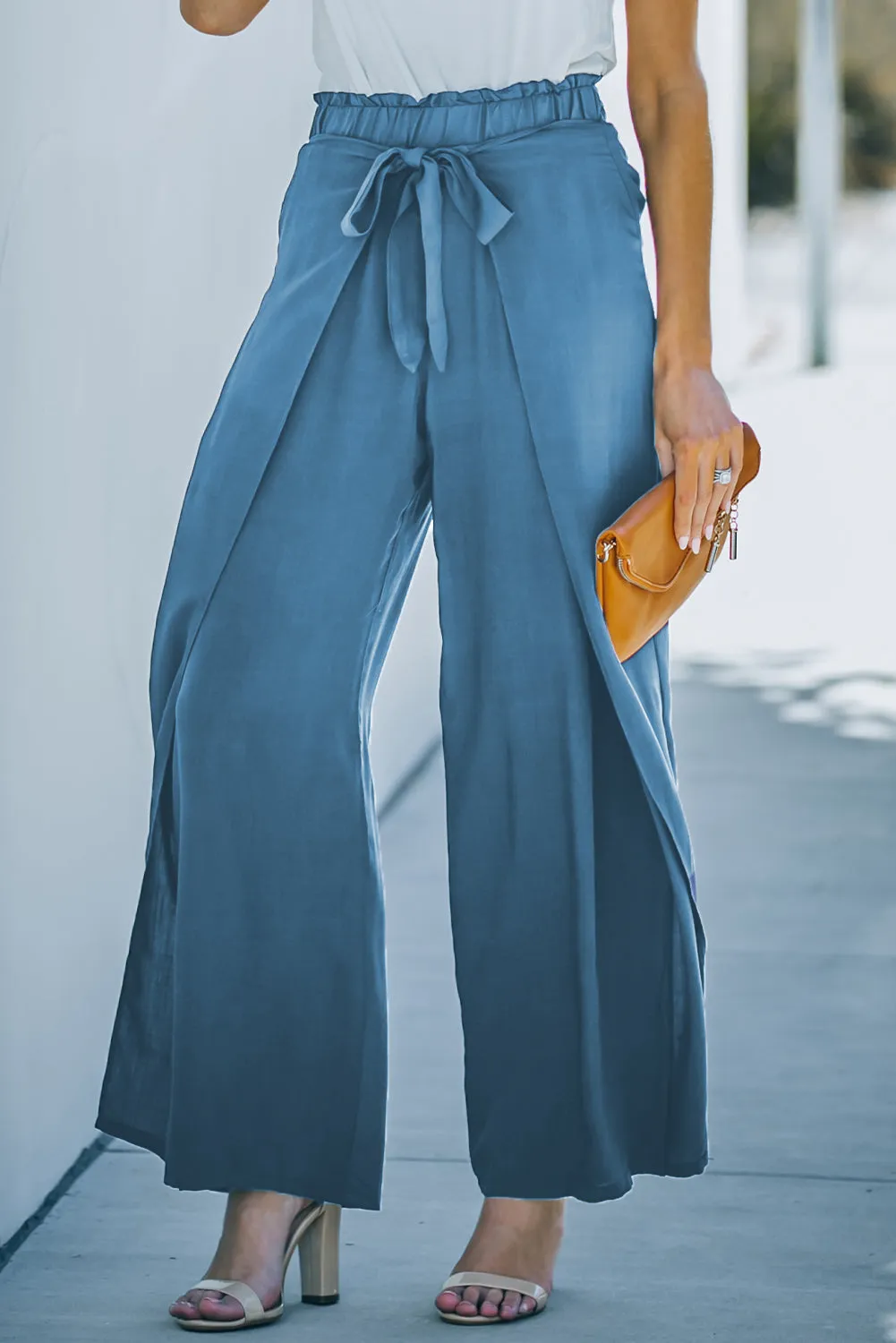 Blue Tie Waist Wide Leg Pants for Ladies