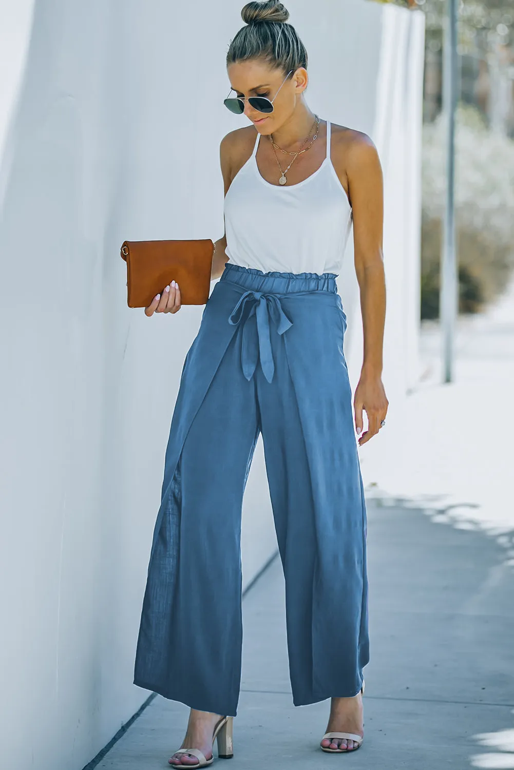 Blue Tie Waist Wide Leg Pants for Ladies