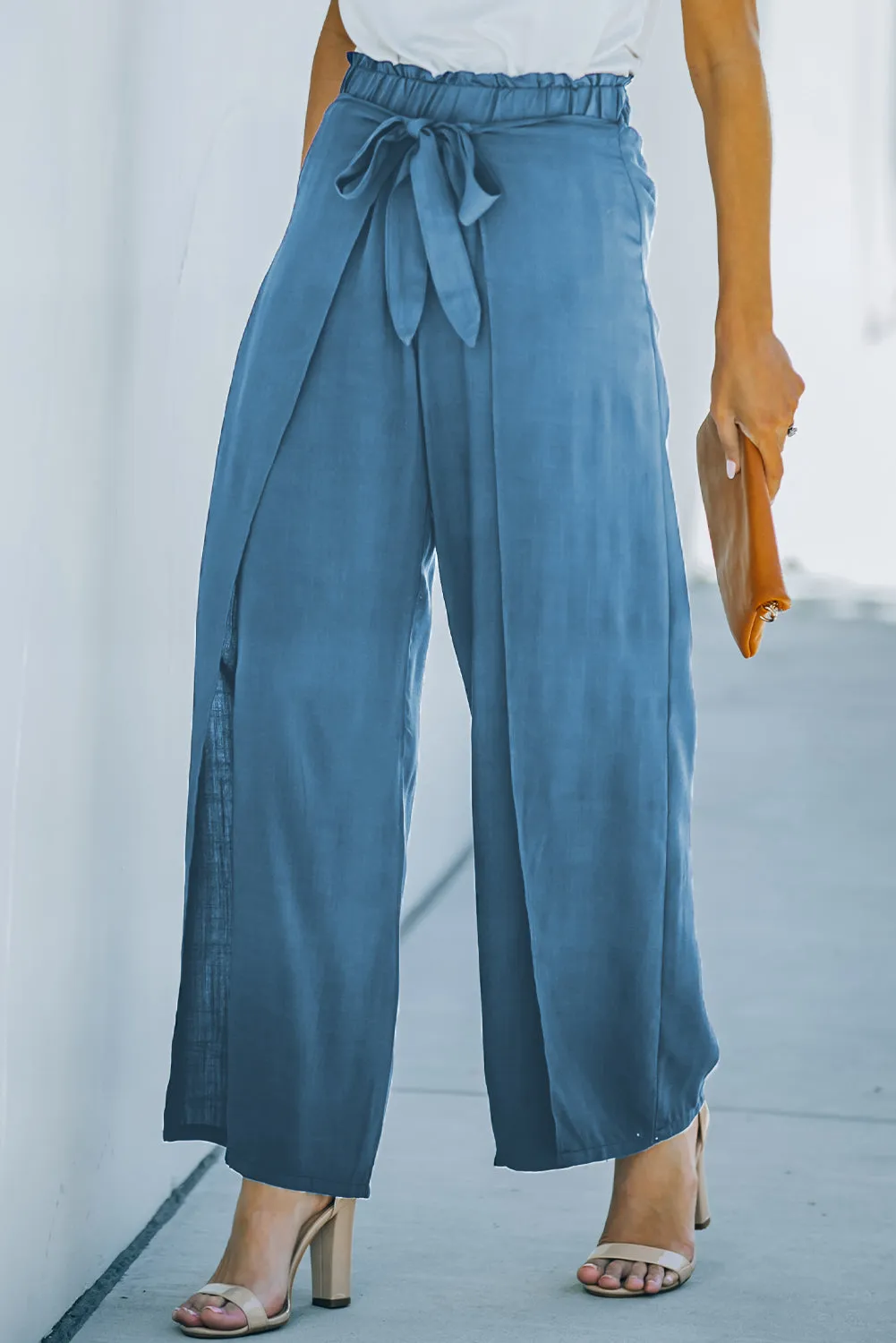 Blue Tie Waist Wide Leg Pants for Ladies