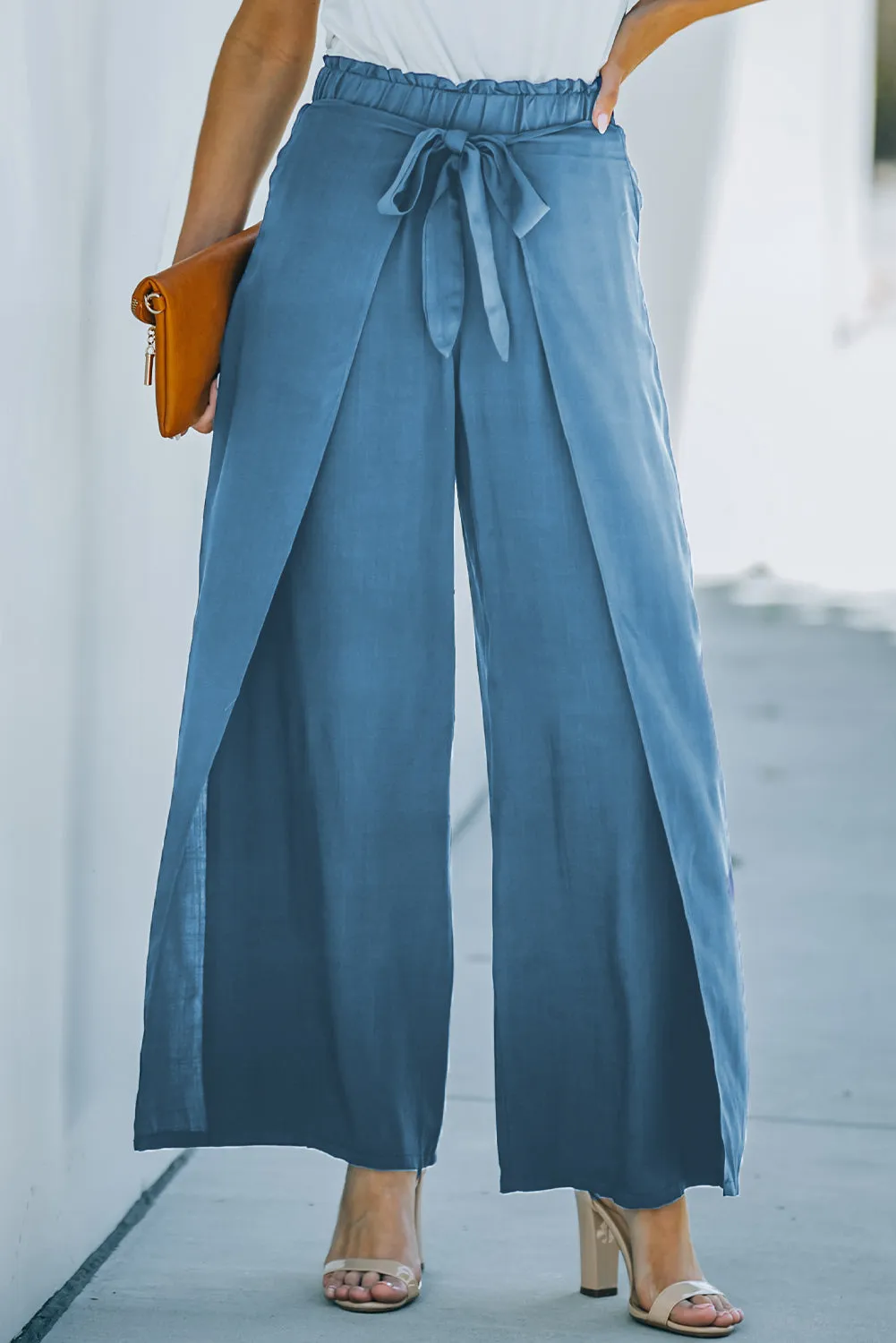 Blue Tie Waist Wide Leg Pants for Ladies