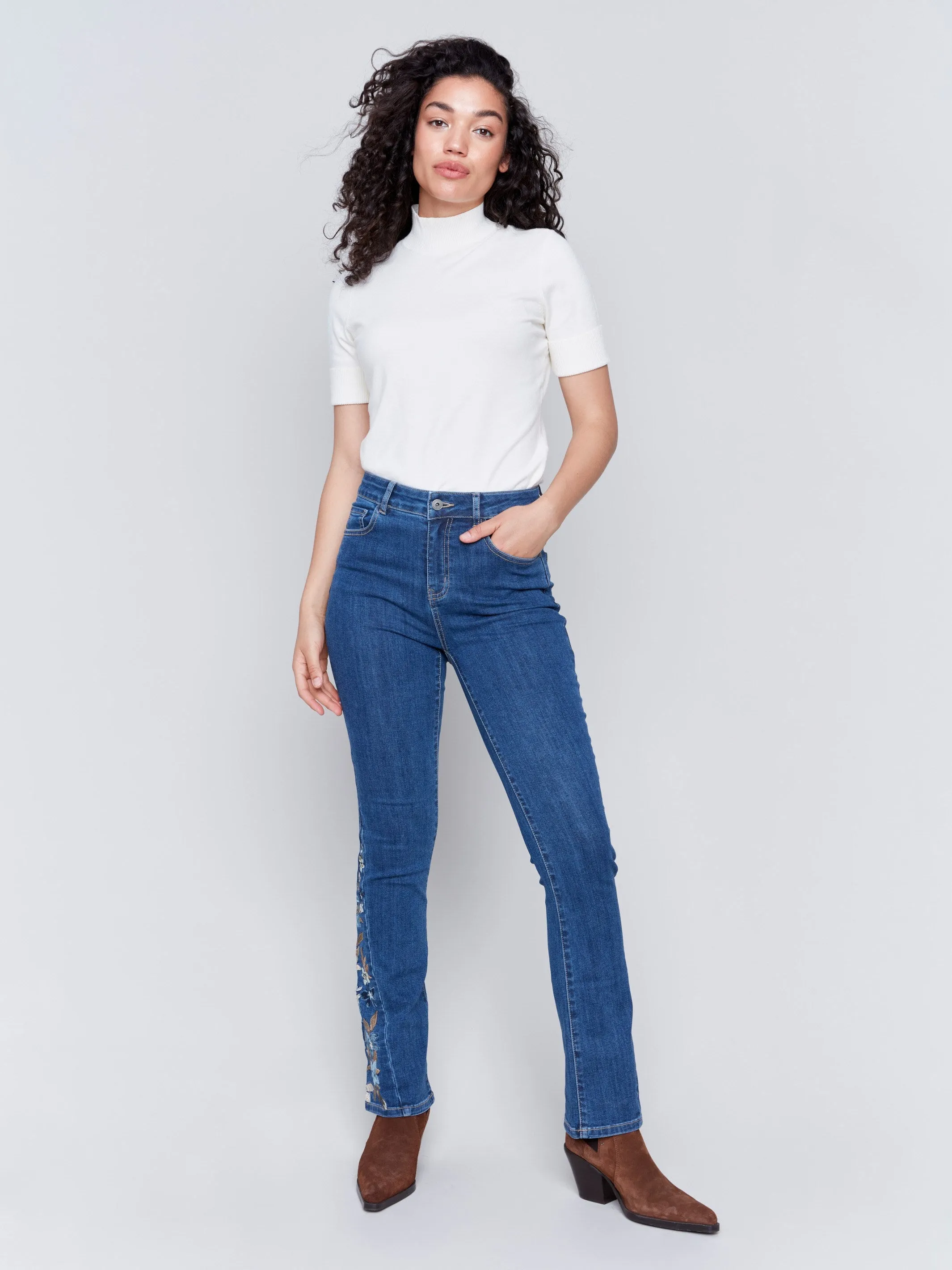 Bootcut Jeans With Floral Embroidery - Indigo