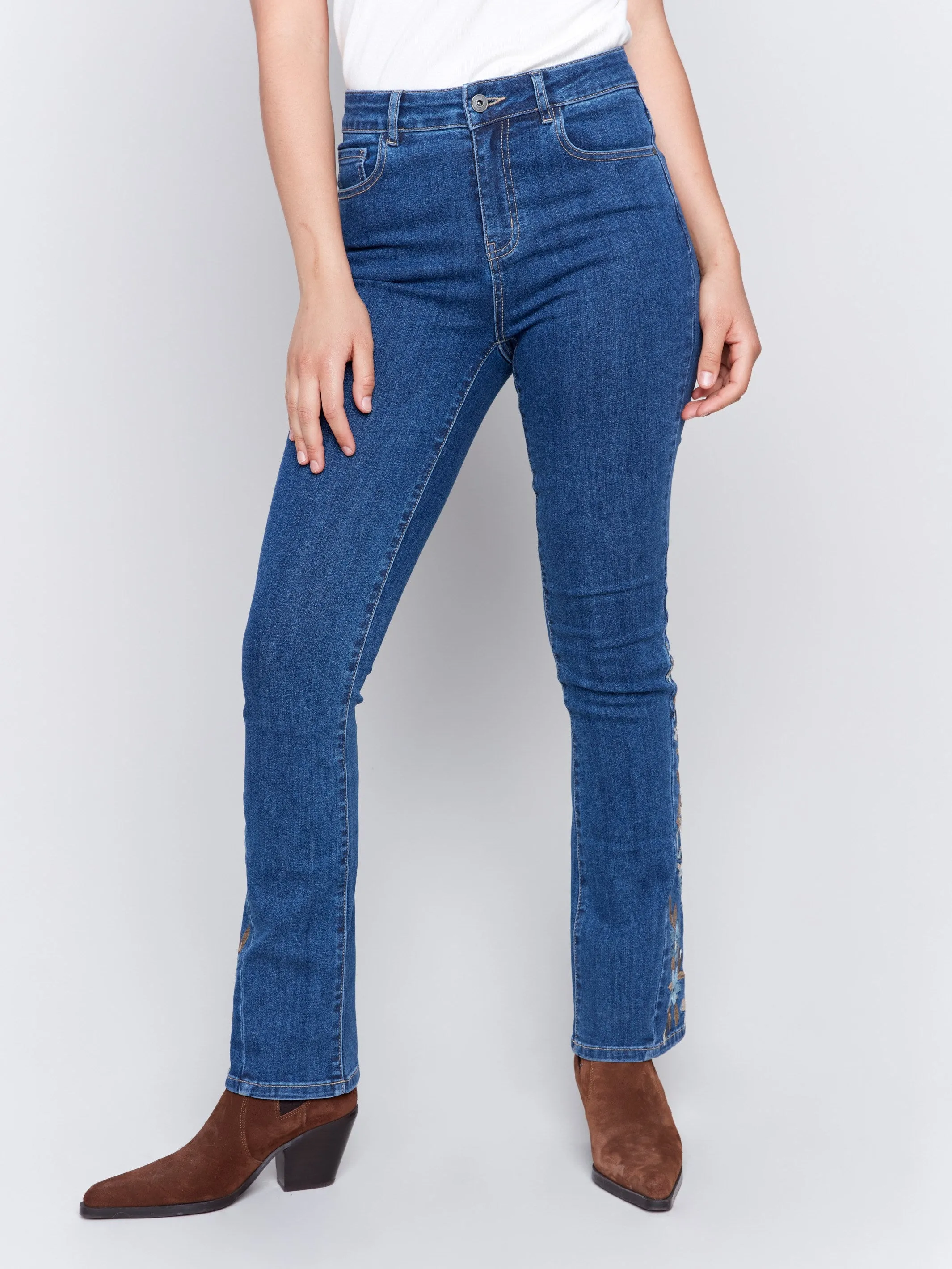 Bootcut Jeans With Floral Embroidery - Indigo