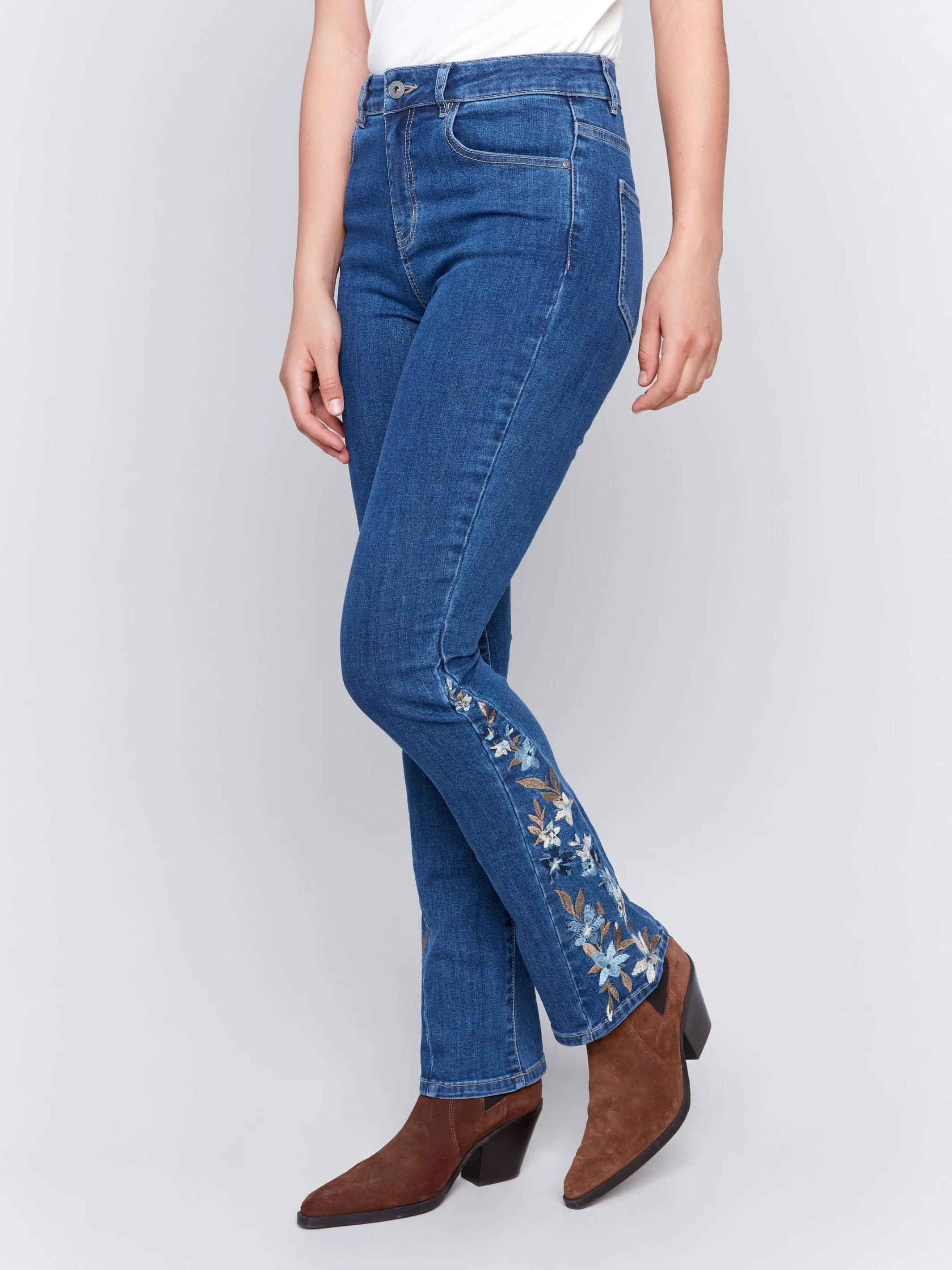 Bootcut Jeans With Floral Embroidery - Indigo