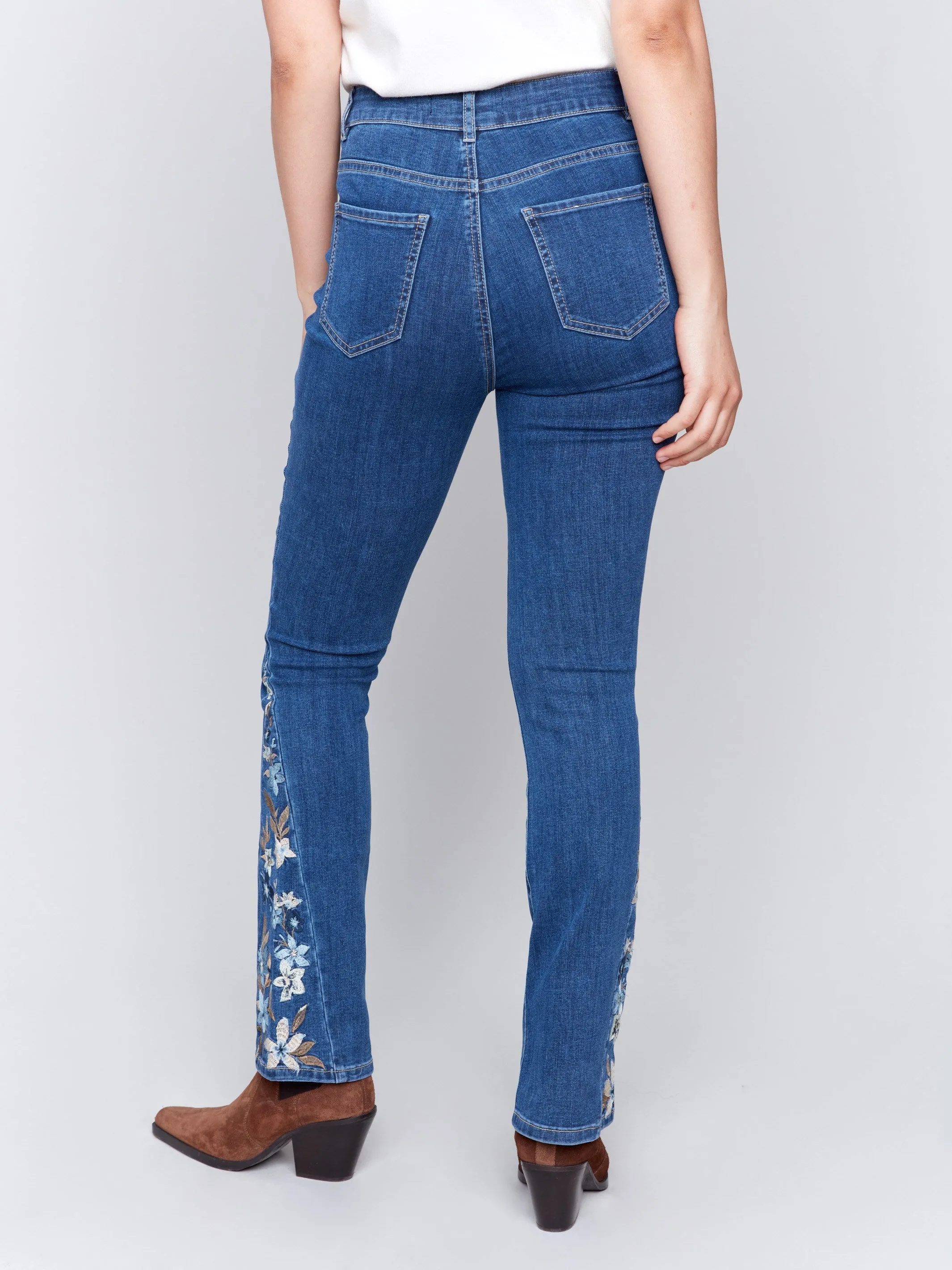 Bootcut Jeans With Floral Embroidery - Indigo