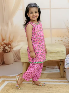 BownBee Pure Cotton Narrow Shoulder Kurti with Harem for Girls - Pink