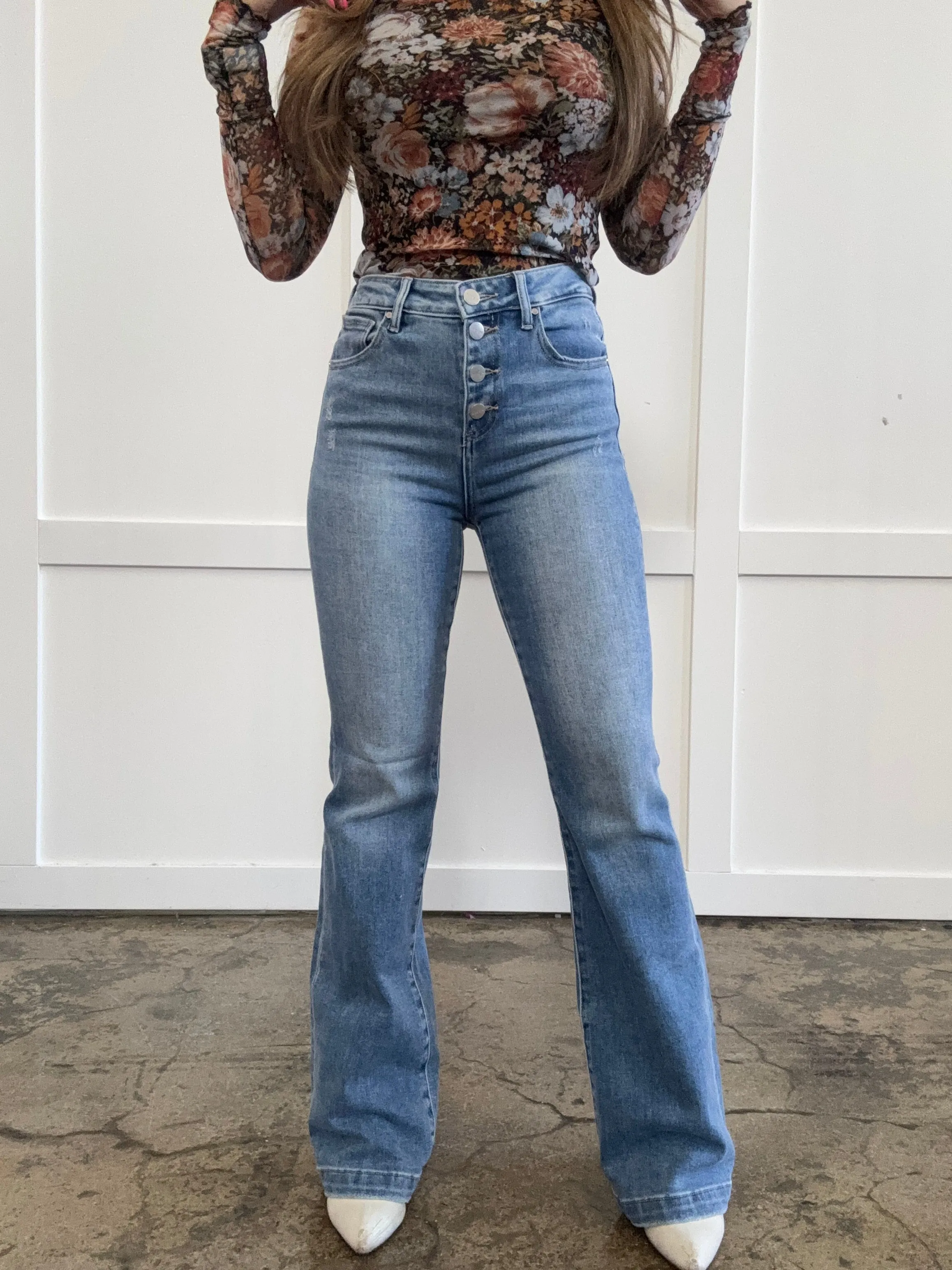 Bria Button Fly Risen Bootcut Denim Jeans