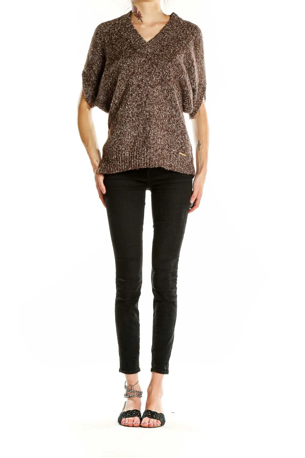 Brown Marled V-Neck Dolman Sleeve Sweater