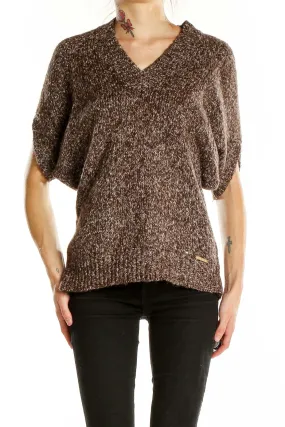 Brown Marled V-Neck Dolman Sleeve Sweater