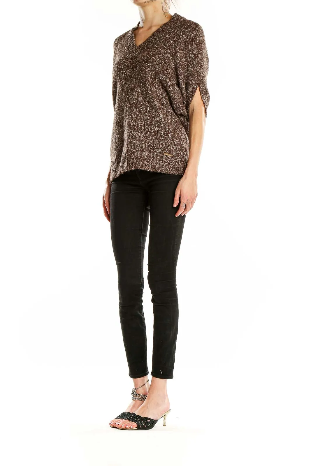 Brown Marled V-Neck Dolman Sleeve Sweater