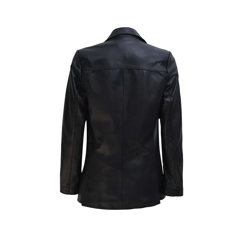 Button Closure Black Leather Jacket for Women