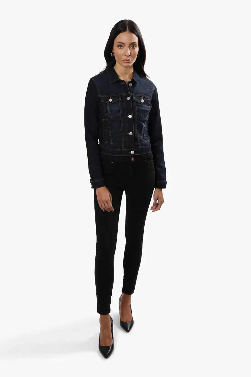 Button Front Cropped Denim Jacket - Navy