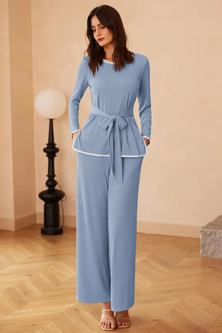 Casual Ribbed Tie Front Top & Wide Leg Pants 2 Piece Sets