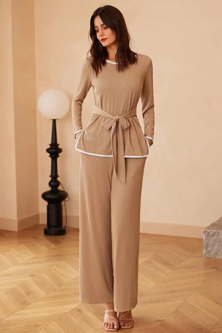 Casual Ribbed Tie Front Top & Wide Leg Pants 2 Piece Sets