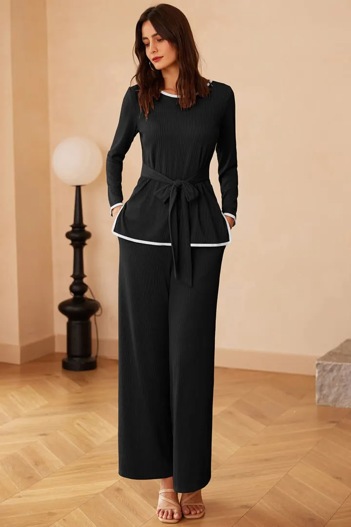 Casual Ribbed Tie Front Top & Wide Leg Pants 2 Piece Sets