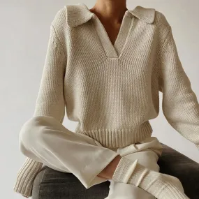 Casual Style Collared V Neck Long Sleeve Knit Sweater