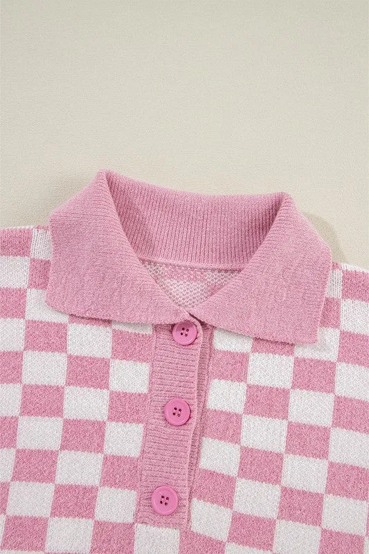 Checkered Buttons V Neck Drop Shoulder Sweater