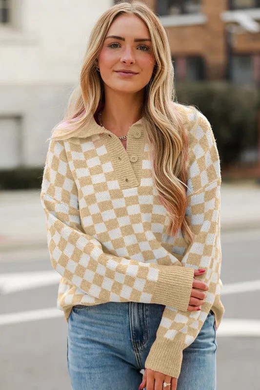 Checkered Buttons V Neck Drop Shoulder Sweater